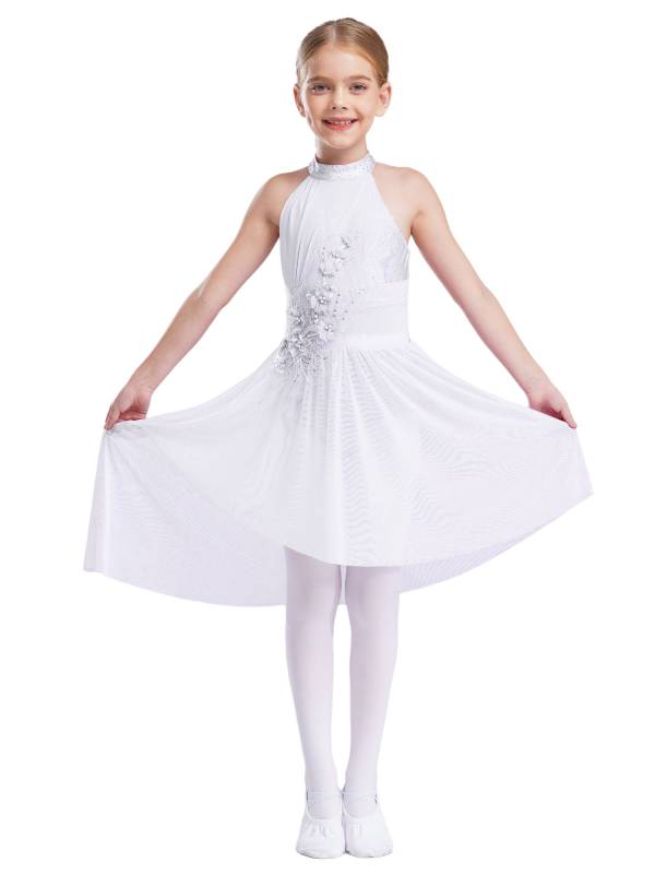 Kids Girls Sleeveless Flower Applique Asymmetrical Lyrical Dance Dress thumb