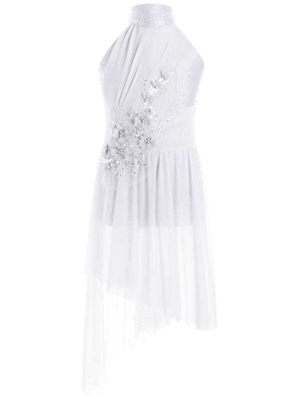 Kids Girls Sleeveless Flower Applique Asymmetrical Lyrical Dance Dress thumb