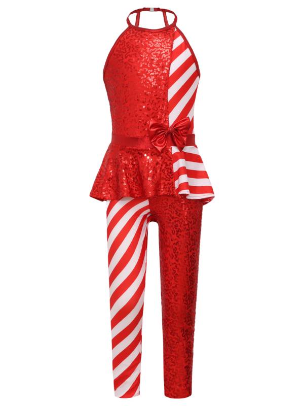 Girls Christmas Sleeveless Halter Neck Peplum Stripes Sequins Jumpsuit thumb