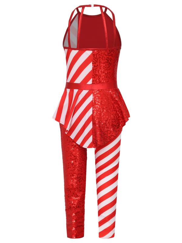 Girls Christmas Sleeveless Halter Neck Peplum Stripes Sequins Jumpsuit thumb