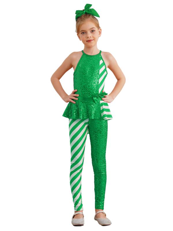 Girls Christmas Sleeveless Halter Neck Peplum Stripes Sequins Jumpsuit thumb