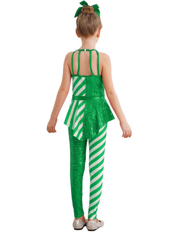 Girls Christmas Sleeveless Halter Neck Peplum Stripes Sequins Jumpsuit thumb
