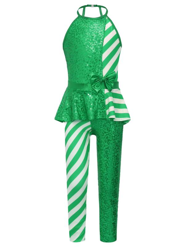 Girls Christmas Sleeveless Halter Neck Peplum Stripes Sequins Jumpsuit thumb