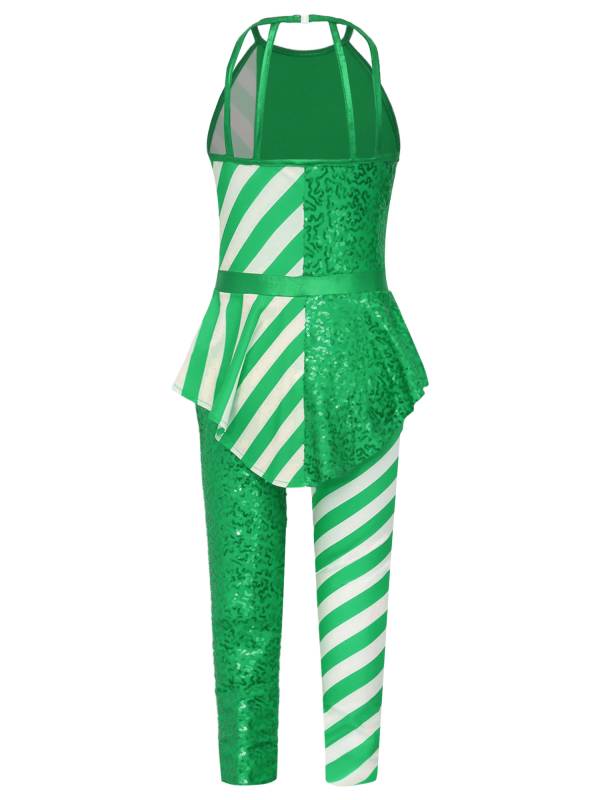 Girls Christmas Sleeveless Halter Neck Peplum Stripes Sequins Jumpsuit thumb