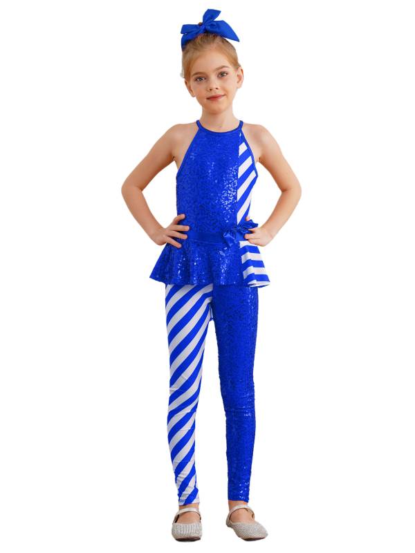 Girls Christmas Sleeveless Halter Neck Peplum Stripes Sequins Jumpsuit thumb