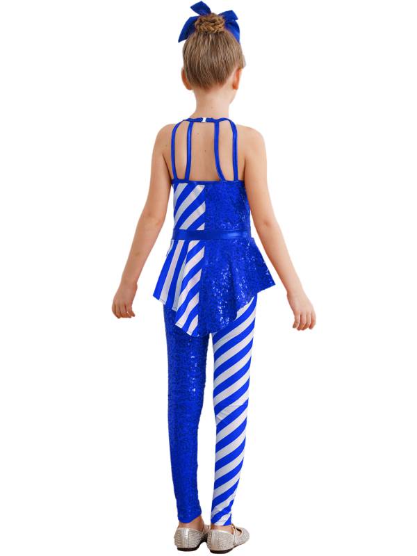 Girls Christmas Sleeveless Halter Neck Peplum Stripes Sequins Jumpsuit thumb