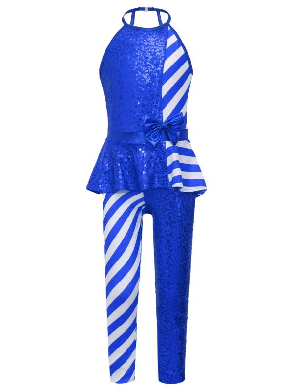Girls Christmas Sleeveless Halter Neck Peplum Stripes Sequins Jumpsuit thumb
