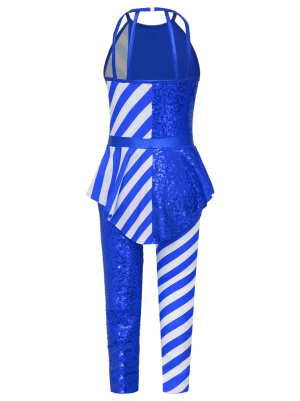 Girls Christmas Sleeveless Halter Neck Peplum Stripes Sequins Jumpsuit thumb