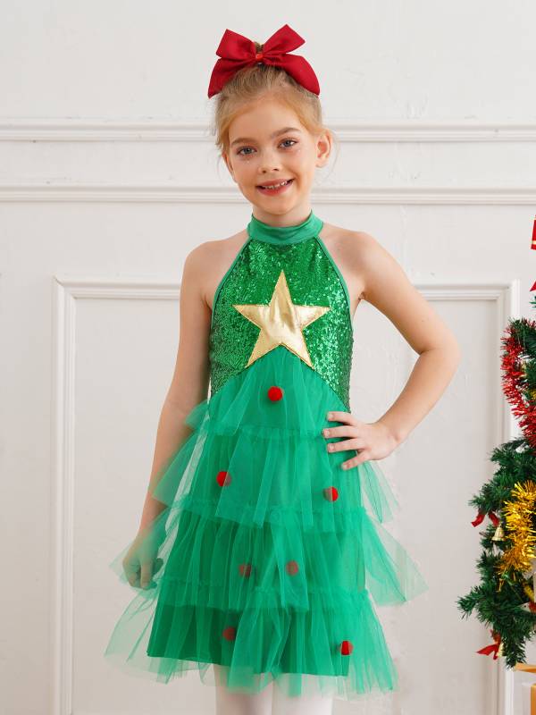 Girl Christmas Sleeveless Sequins Pompoms Tiered Mesh Tutu Dress for Party thumb
