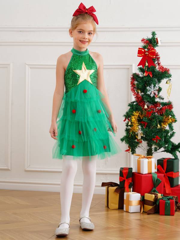 Girl Christmas Sleeveless Sequins Pompoms Tiered Mesh Tutu Dress for Party thumb