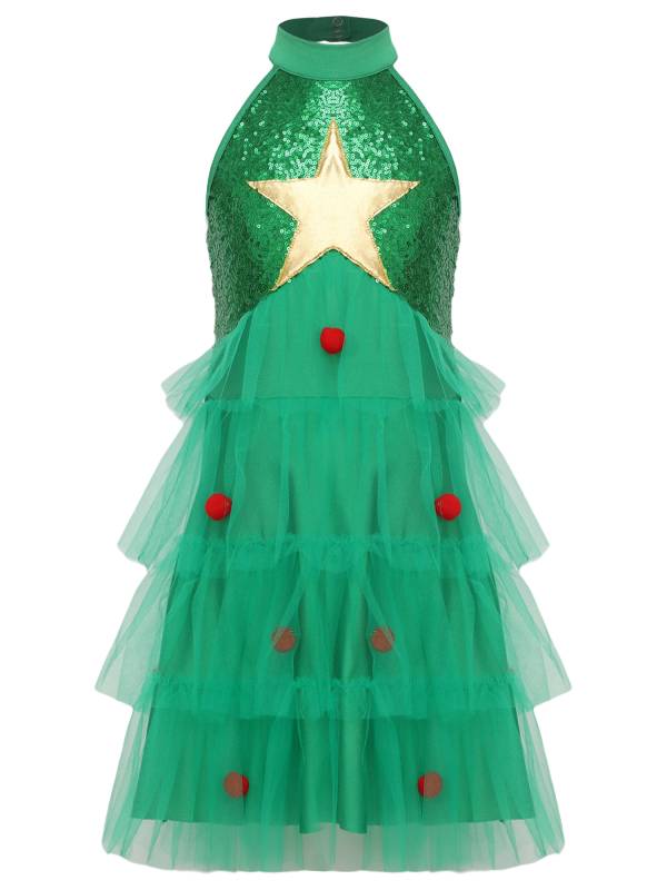 Girl Christmas Sleeveless Sequins Pompoms Tiered Mesh Tutu Dress for Party thumb