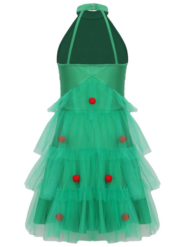 Girl Christmas Sleeveless Sequins Pompoms Tiered Mesh Tutu Dress for Party thumb