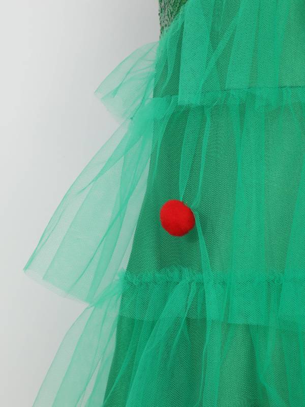 Girl Christmas Sleeveless Sequins Pompoms Tiered Mesh Tutu Dress for Party thumb