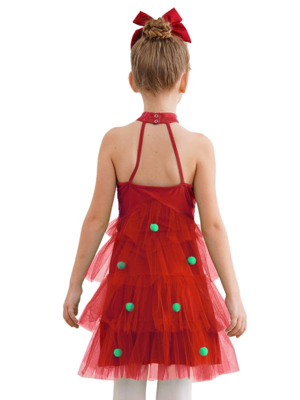 Girl Christmas Sleeveless Sequins Pompoms Tiered Mesh Tutu Dress for Party thumb