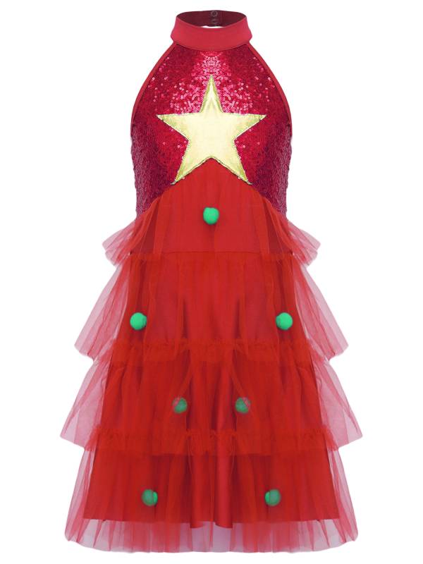 Girl Christmas Sleeveless Sequins Pompoms Tiered Mesh Tutu Dress for Party thumb