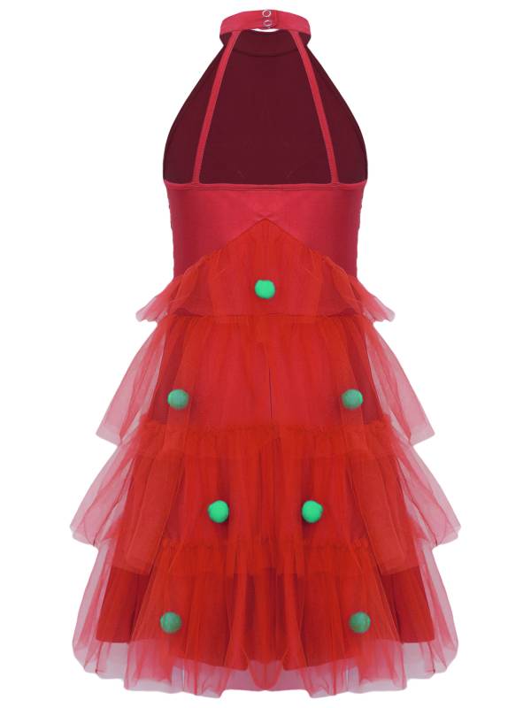 Girl Christmas Sleeveless Sequins Pompoms Tiered Mesh Tutu Dress for Party thumb