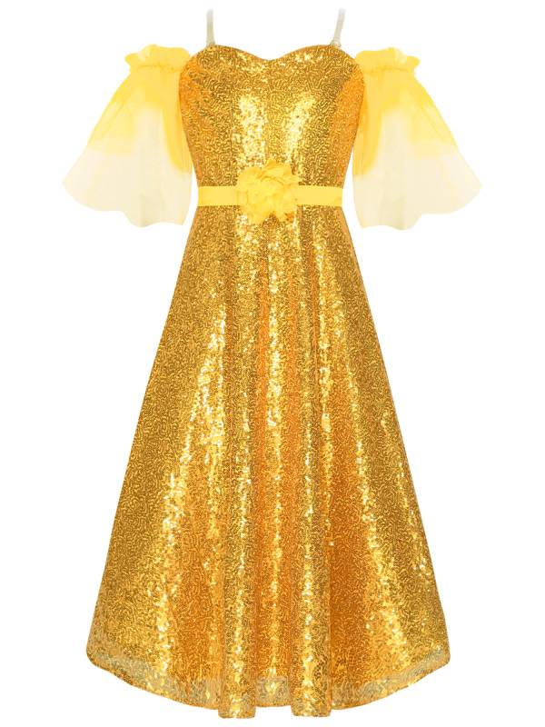 Kids Girls Short Sleeve Off the Shoulder Sequins A-line Junior Bridesmaid Dress thumb
