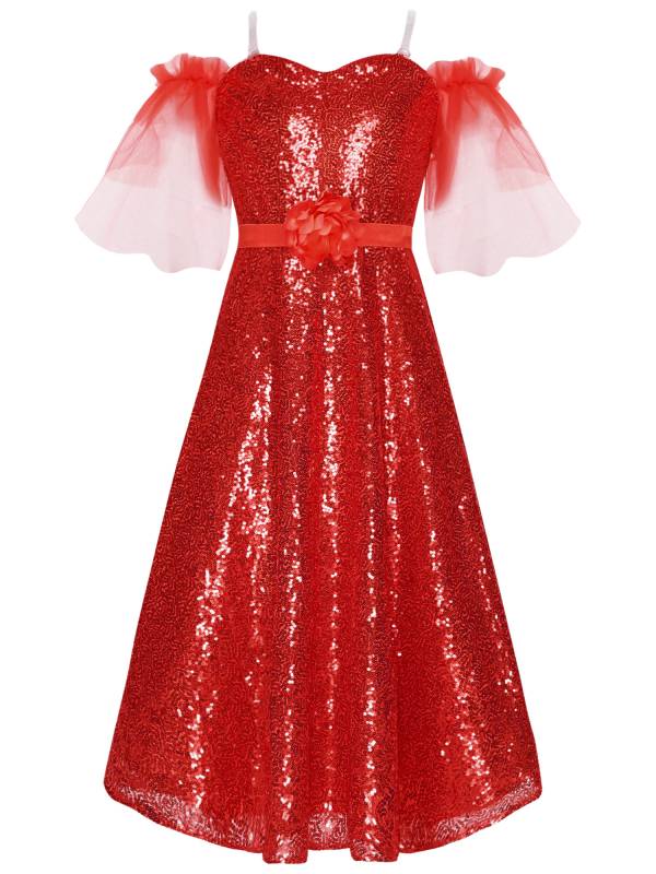 Kids Girls Short Sleeve Off the Shoulder Sequins A-line Junior Bridesmaid Dress thumb