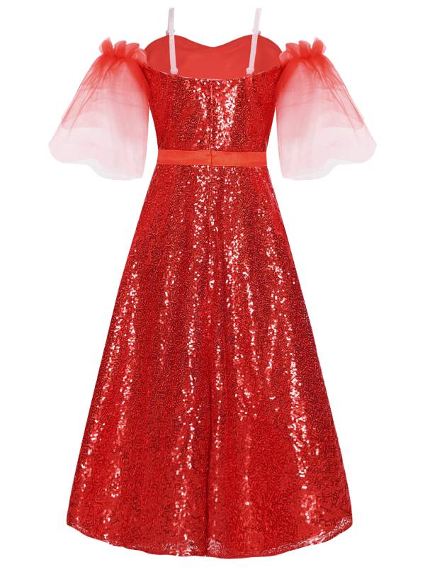 Kids Girls Short Sleeve Off the Shoulder Sequins A-line Junior Bridesmaid Dress thumb