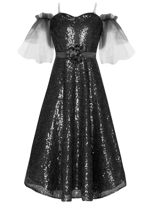 Kids Girls Short Sleeve Off the Shoulder Sequins A-line Junior Bridesmaid Dress thumb