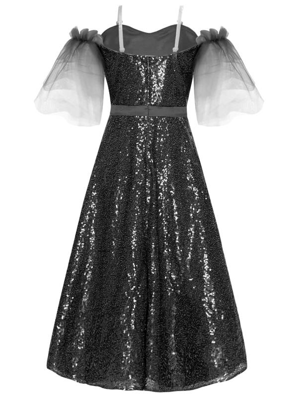 Kids Girls Short Sleeve Off the Shoulder Sequins A-line Junior Bridesmaid Dress thumb