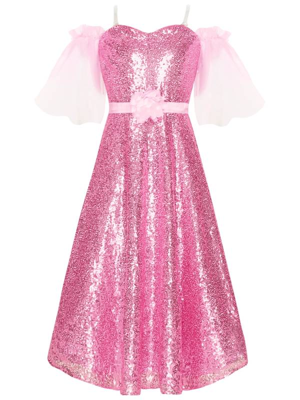 Kids Girls Short Sleeve Off the Shoulder Sequins A-line Junior Bridesmaid Dress thumb