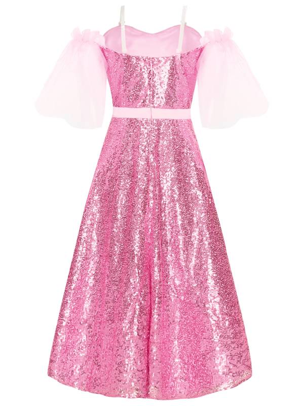 Kids Girls Short Sleeve Off the Shoulder Sequins A-line Junior Bridesmaid Dress thumb