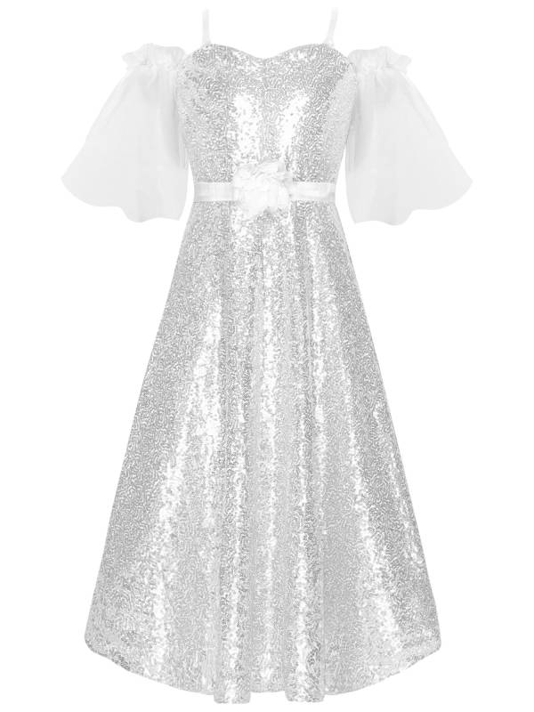 Kids Girls Short Sleeve Off the Shoulder Sequins A-line Junior Bridesmaid Dress thumb