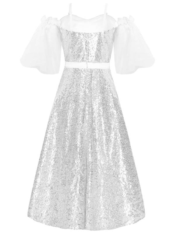 Kids Girls Short Sleeve Off the Shoulder Sequins A-line Junior Bridesmaid Dress thumb