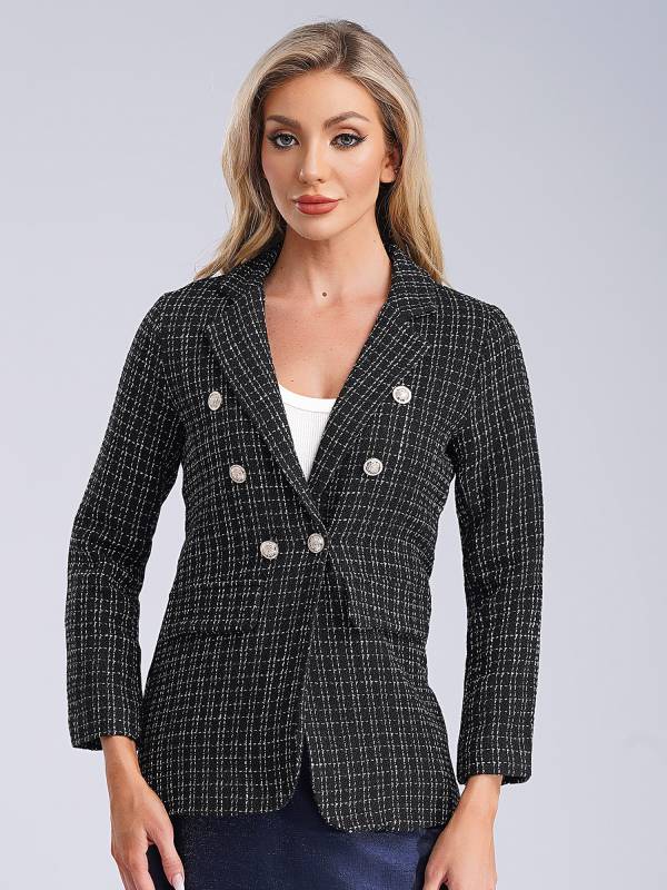 Women Long-sleeve Lapel Buttoned Tweed Blazer for Formal Occasions thumb