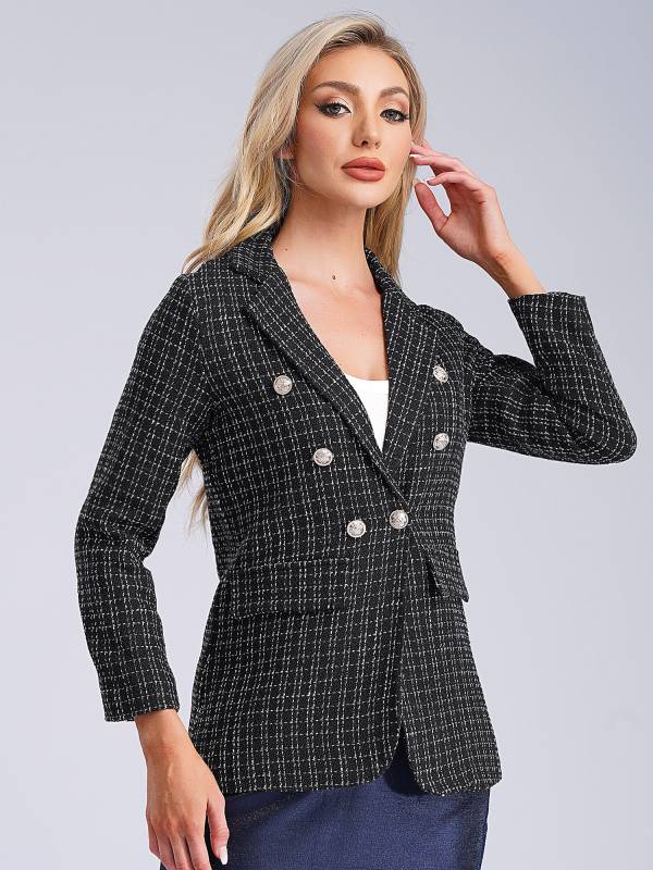 Women Long-sleeve Lapel Buttoned Tweed Blazer for Formal Occasions thumb