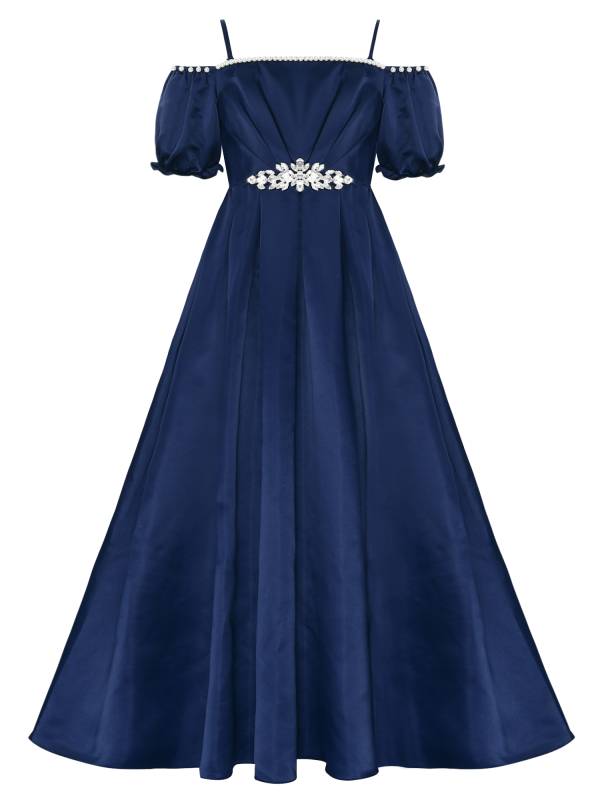 Girls Short Sleeve Off-the-shoulder Pearl and Diamond Beaded Ball Gown Dress thumb