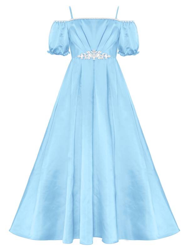 Girls Short Sleeve Off-the-shoulder Pearl and Diamond Beaded Ball Gown Dress thumb