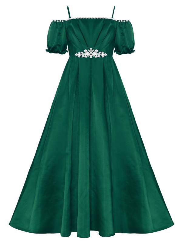 Girls Short Sleeve Off-the-shoulder Pearl and Diamond Beaded Ball Gown Dress thumb