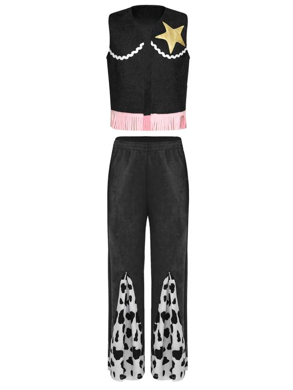 Girls 2pcs Sleeveless Star Fringe Vest and Cow Print Pants Cowboy Costume Set thumb