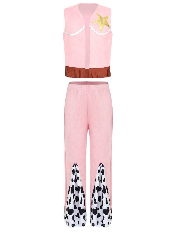 Girls 2pcs Sleeveless Star Fringe Vest and Cow Print Pants Cowboy Costume Set thumb