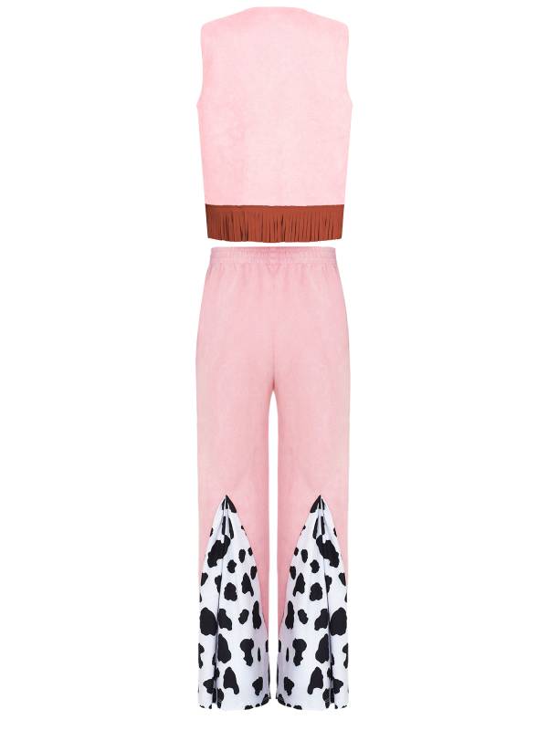 Girls 2pcs Sleeveless Star Fringe Vest and Cow Print Pants Cowboy Costume Set thumb