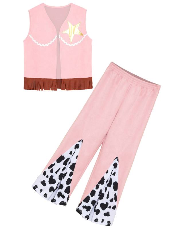 Girls 2pcs Sleeveless Star Fringe Vest and Cow Print Pants Cowboy Costume Set thumb