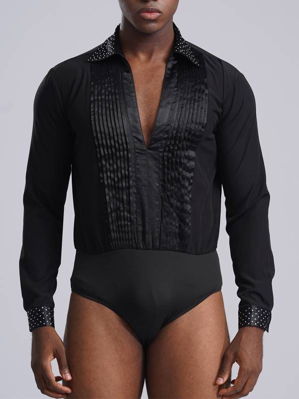Men V-neck Long Sleeve Rhinestones Latin Dance Leotard thumb