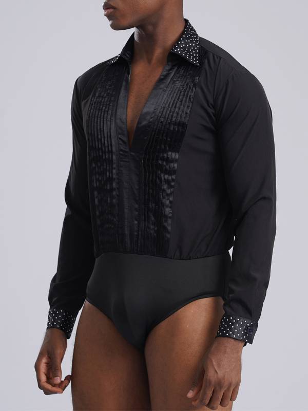 Men V-neck Long Sleeve Rhinestones Latin Dance Leotard thumb