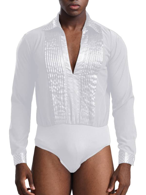 Men V-neck Long Sleeve Rhinestones Latin Dance Leotard thumb