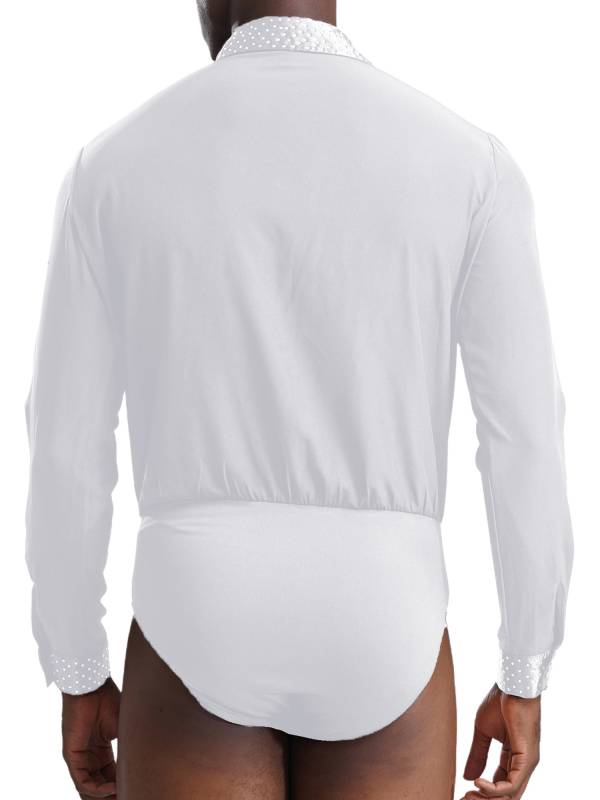 Men V-neck Long Sleeve Rhinestones Latin Dance Leotard thumb