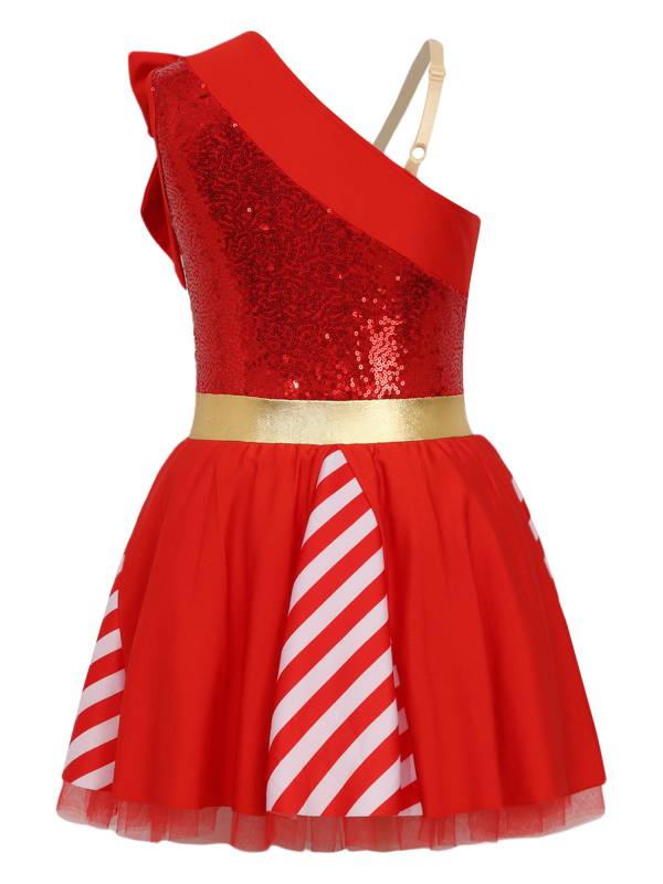 Kids Girl Christmas Sleeveless One Shoulder Sequins Stripes Tutu Dress thumb