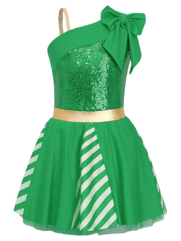 Kids Girl Christmas Sleeveless One Shoulder Sequins Stripes Tutu Dress thumb