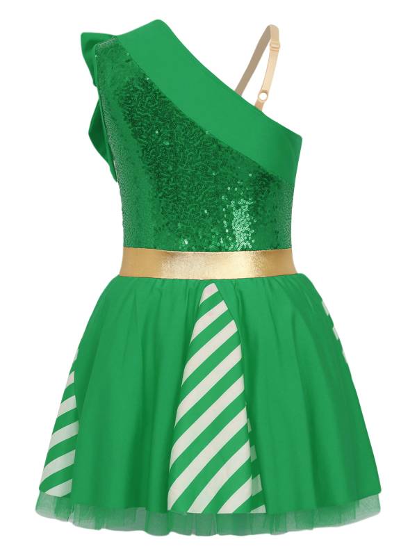 Kids Girl Christmas Sleeveless One Shoulder Sequins Stripes Tutu Dress thumb
