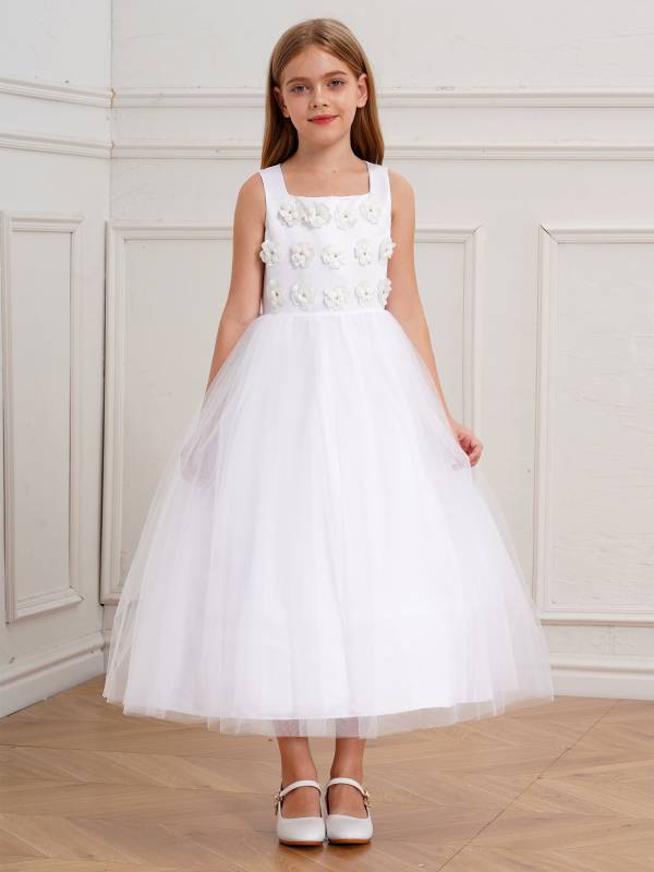 Kids Girls Sleeveless Floral Embellished Mesh Flower Girl Dress for Communion thumb