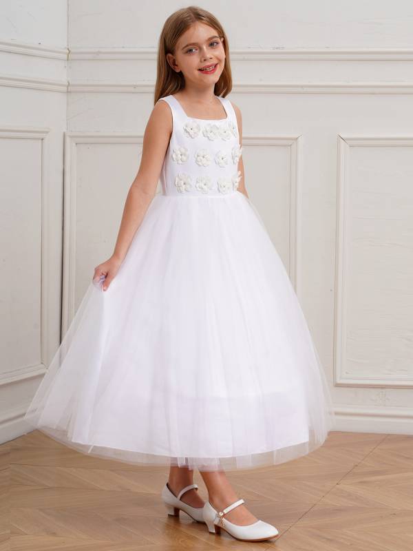 Kids Girls Sleeveless Floral Embellished Mesh Flower Girl Dress for Communion thumb