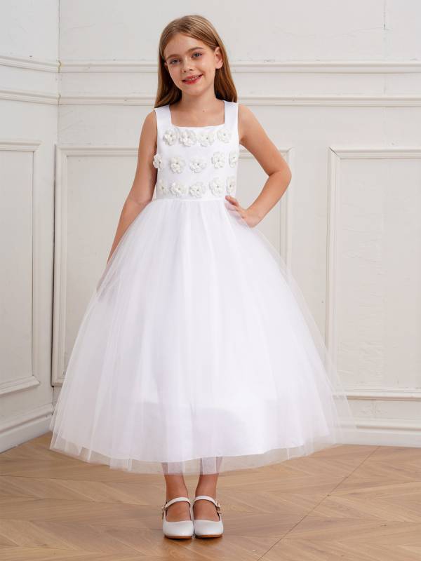 Kids Girls Sleeveless Floral Embellished Mesh Flower Girl Dress for Communion thumb