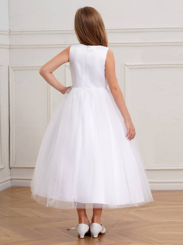 Kids Girls Sleeveless Floral Embellished Mesh Flower Girl Dress for Communion thumb