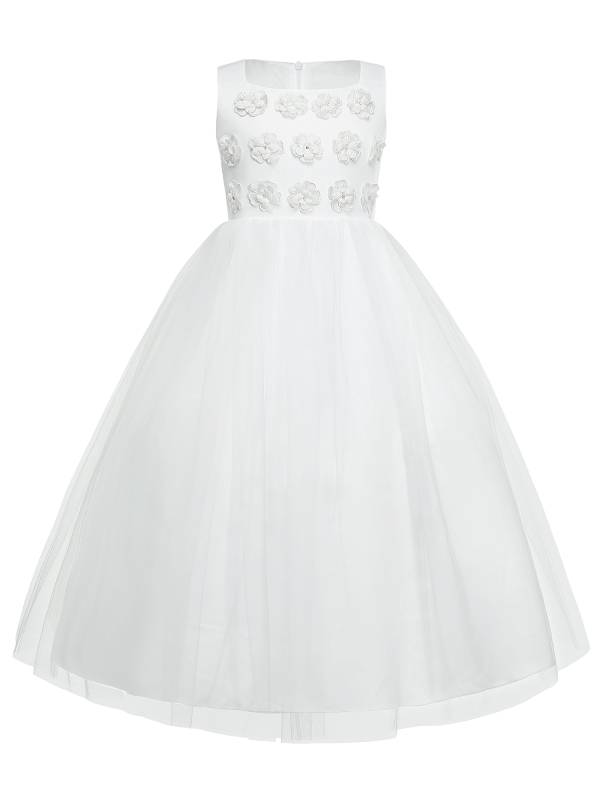 Kids Girls Sleeveless Floral Embellished Mesh Flower Girl Dress for Communion thumb